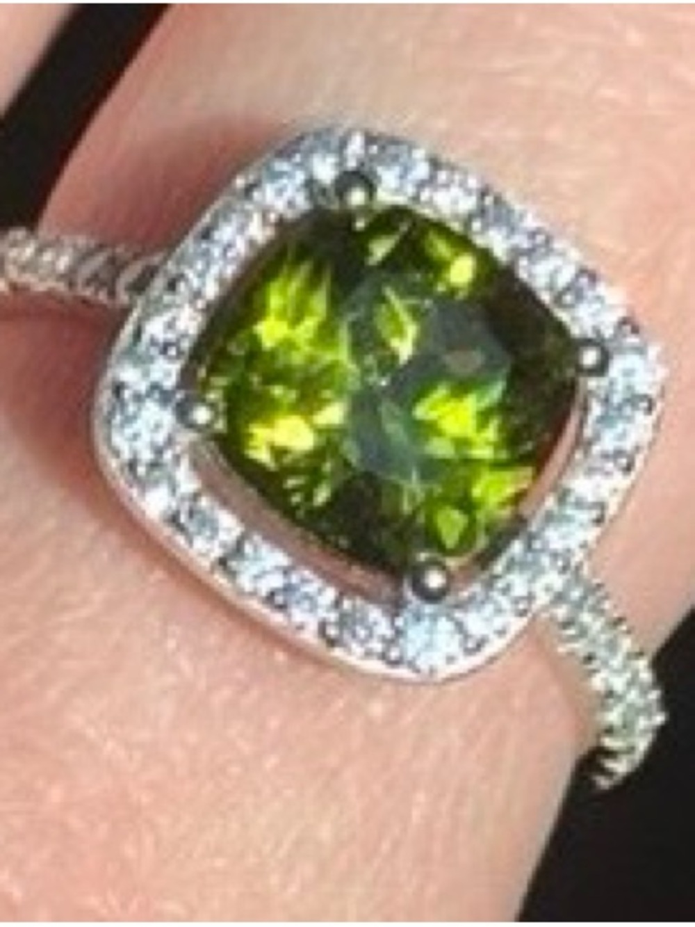 APM monaco Olive Green Cushion Halo Ring